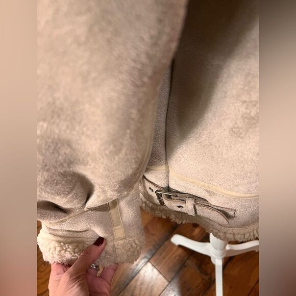 Faux Suede Shearling Aviator Biker Jacket Cream Sherpa Lined Buckle Cozy Est XL - Picture 7 of 10